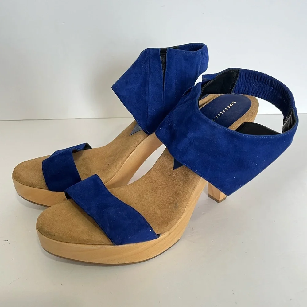 *FLAW* loeffler randall wooden heels sandals in blue suede, size 9.5B - Picture 2 of 9